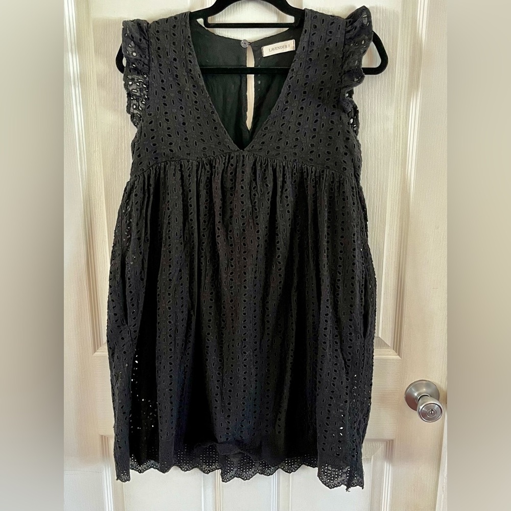 EUC Black Eyelet Babydoll Mini Dress Pockets Lined Built in Shorts Small - Picture 10 of 16